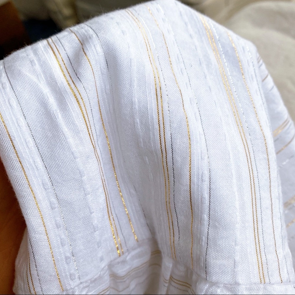 🐚 LOFT WHITE SILVER GOLD THREAD SUMMER RUFFLE MIDI DRESS! - Picture 9 of 13
